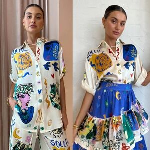 ALEMAIS Soleil Oversized Shirt Silk Satin Button Up Top US 6